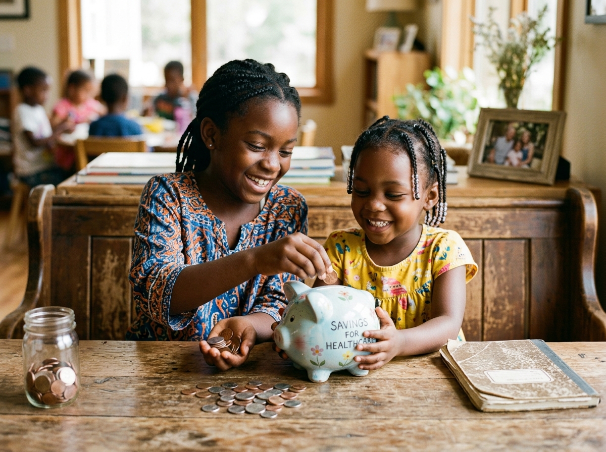 Sisters saving piggy-bank coins for children healthcare